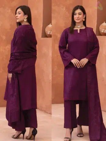Home 4 Rang E Mehfil By Mahay Vol 2 D-04 front view showing fancy peach shirt with elegant design and velvet jacquard shawl.
