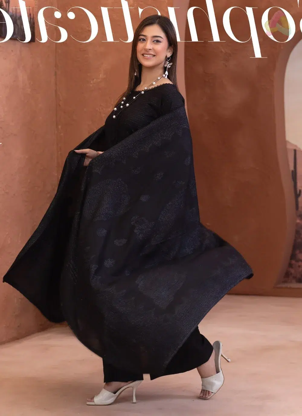Rang E Mehfil By Mahay Vol 2 D-05 4 Rang E Mehfil By Mahay Vol 2 D-05 full outfit featuring fancy peach shirt, velvet jacquard shawl, and plain trouser.