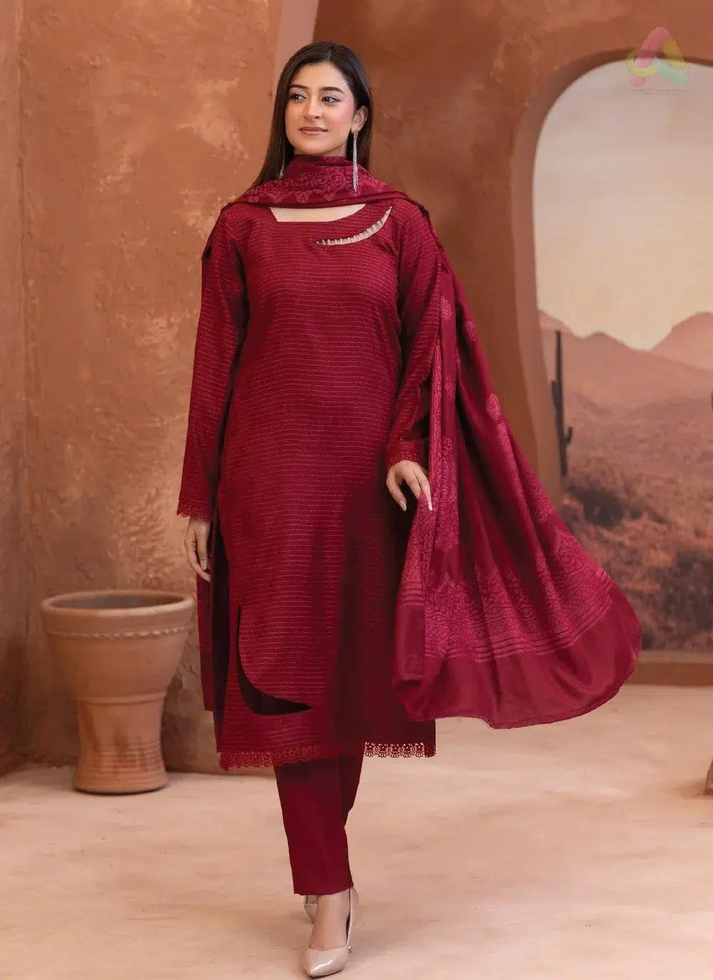 Rang E Mehfil By Mahay Vol 2 D-06 1 Rang E Mehfil By Mahay Vol 2 D-06 front view showing fancy peach shirt, velvet jacquard shawl, and plain trouser in elegant winter design.