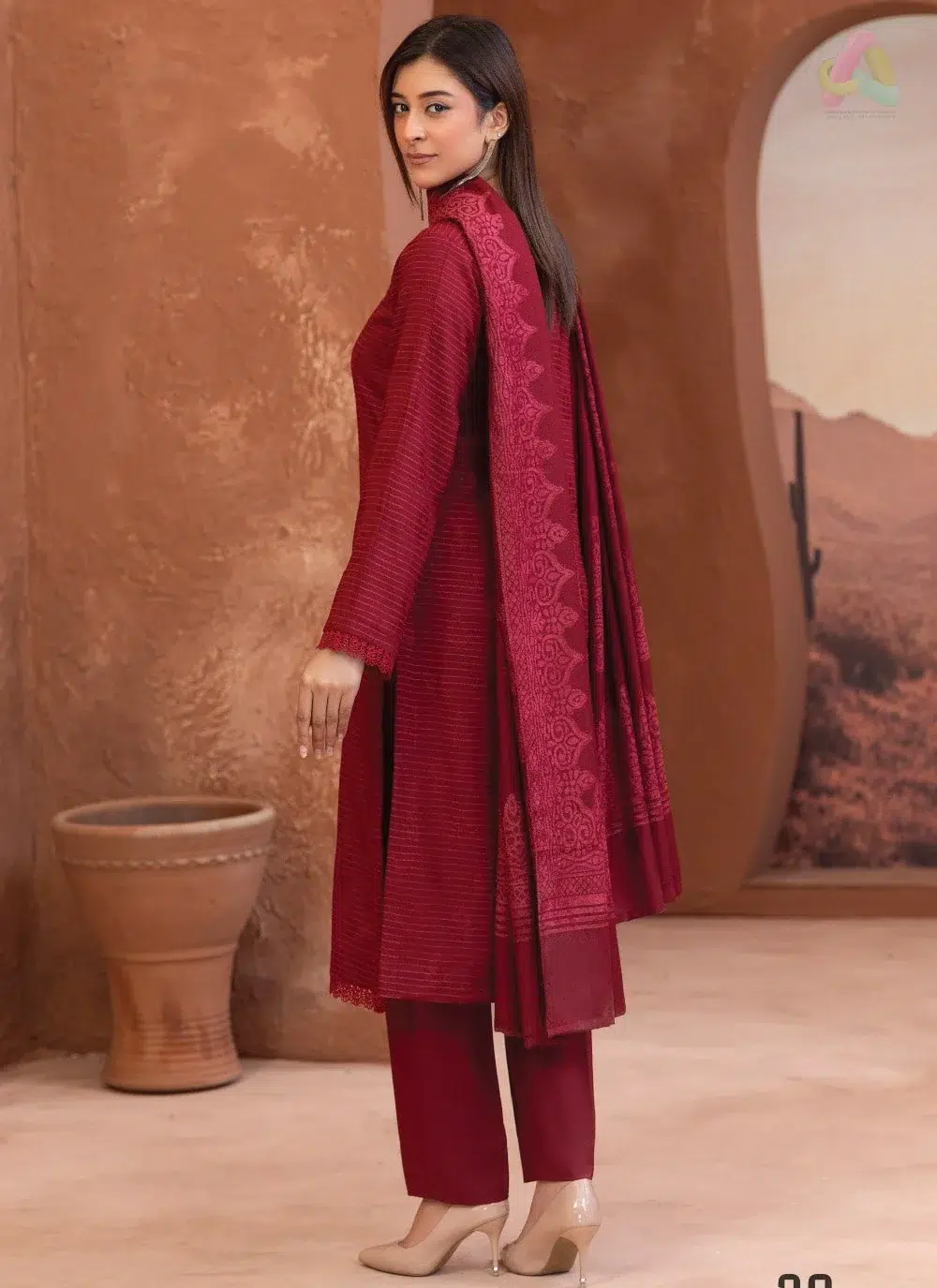 Rang E Mehfil By Mahay Vol 2 D-06 2 Rang E Mehfil By Mahay Vol 2 D-06 back view displaying shirt details and fabric texture of Mahay Peach Dress.