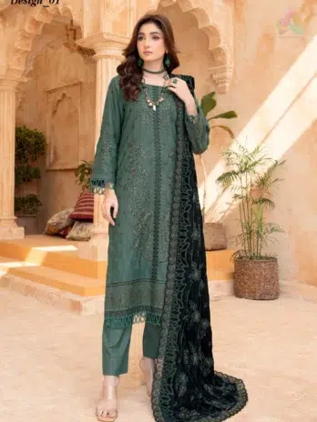 Front view of Sang E Mah By Riaz Arts D-01 featuring a premium embroidered peach shirt with micro velvet shawl and trouser.