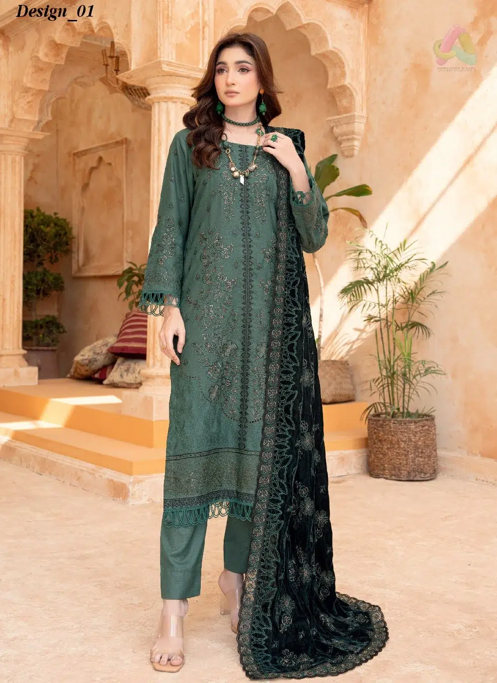 Sang E Mah By Riaz Arts D-01 1 Front view of Sang E Mah By Riaz Arts D-01 featuring a premium embroidered peach shirt with micro velvet shawl and trouser.