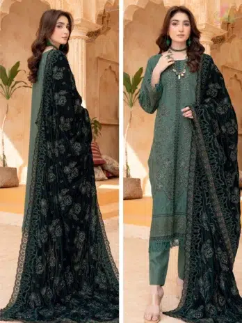 Back design of Sang E Mah By Riaz Arts D-01 showcasing detailed embroidery on the peach shirt with velvet shawl.