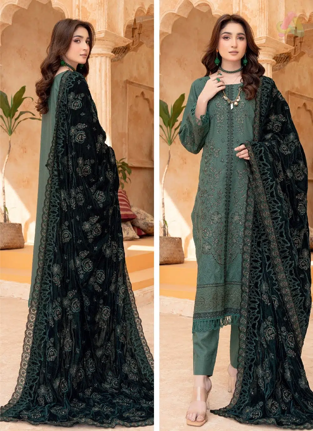 Sang E Mah By Riaz Arts D-01 2 Back design of Sang E Mah By Riaz Arts D-01 showcasing detailed embroidery on the peach shirt with velvet shawl.