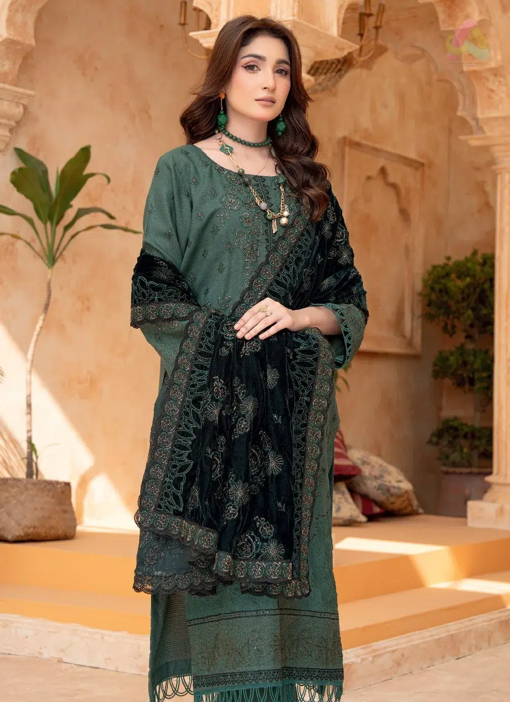 Sang E Mah By Riaz Arts D-01 4 Full outfit view of Sang E Mah By Riaz Arts D-01 complete 3-piece set with embroidered shirt, velvet shawl, and plain trouser.