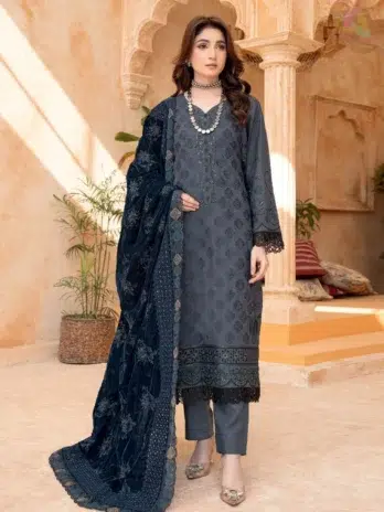 Front view of Sang E Mah By Riaz Arts D-02 showing embroidered peach shirt, micro velvet shawl, and plain trouser in a full 3-piece set.