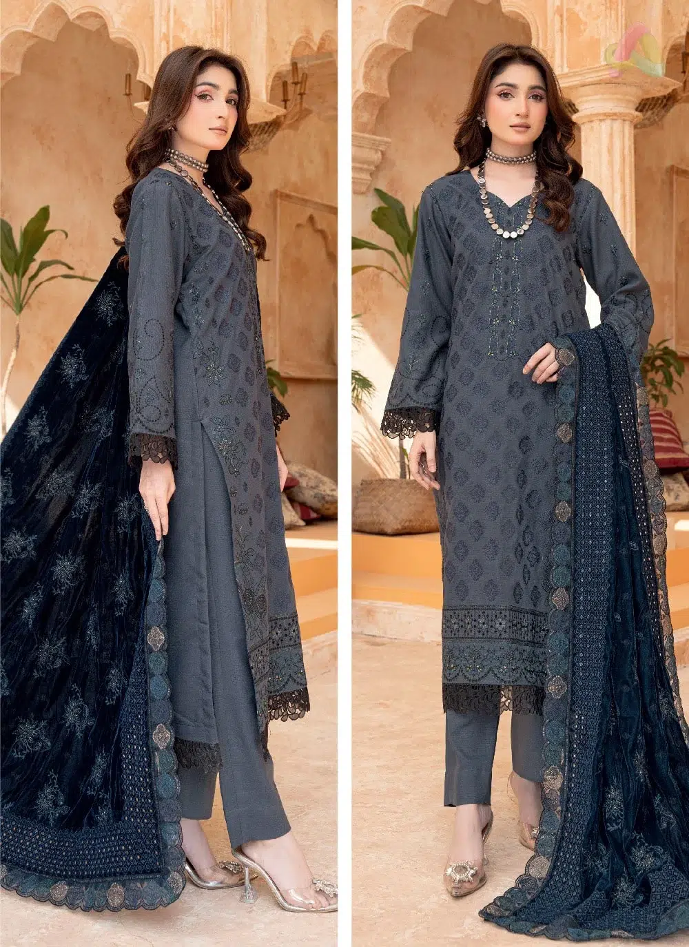 Sang E Mah By Riaz Arts D-02 2 Back view of Sang E Mah By Riaz Arts D-02 highlighting detailed embroidery on the peach shirt with velvet shawl.