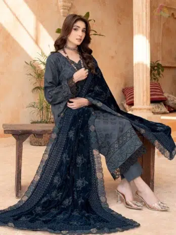 Full outfit view of Sang E Mah By Riaz Arts D-02 featuring embroidered shirt, velvet shawl, and plain trouser together.