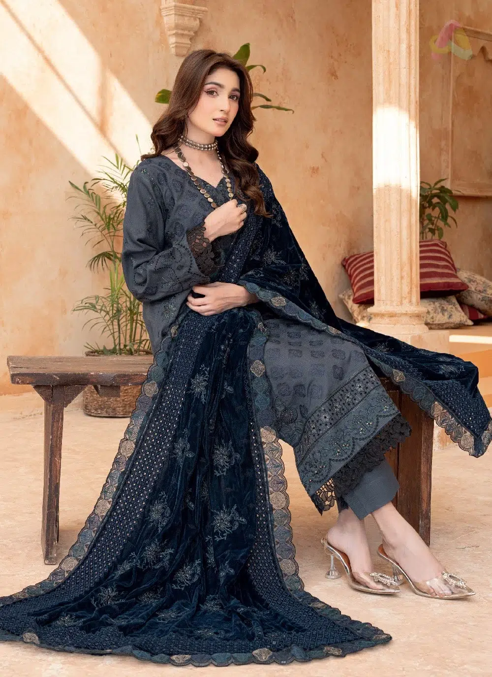 Sang E Mah By Riaz Arts D-02 3 Full outfit view of Sang E Mah By Riaz Arts D-02 featuring embroidered shirt, velvet shawl, and plain trouser together.