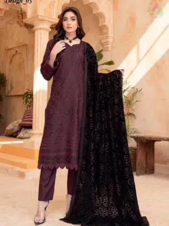 Front view of Sang E Mah By Riaz Arts D-03 Embroidered 3 Piece Dress Suit showing detailed peach shirt and elegant winter design.