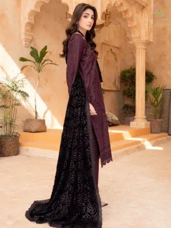 Back view of Sang E Mah By Riaz Arts D-03 Embroidered 3 Piece Dress Suit highlighting fabric texture and clean stitching.