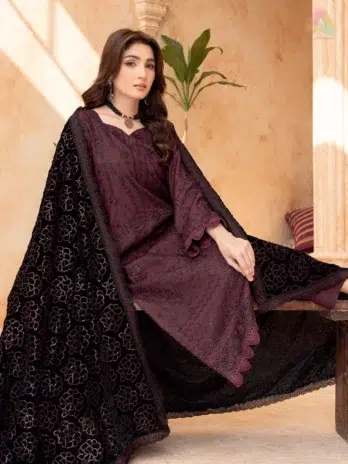 Full view of Sang E Mah By Riaz Arts D-03 Embroidered 3 Piece Dress Suit displaying complete 3-piece winter outfit.