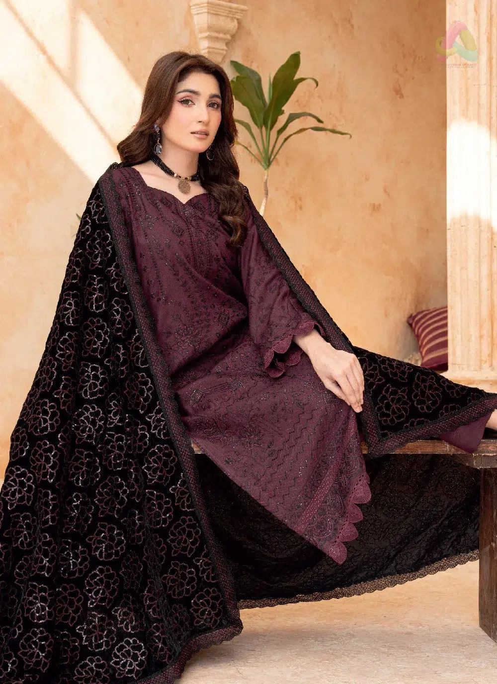 Sang E Mah By Riaz Arts D-03 3 Full view of Sang E Mah By Riaz Arts D-03 Embroidered 3 Piece Dress Suit displaying complete 3-piece winter outfit.