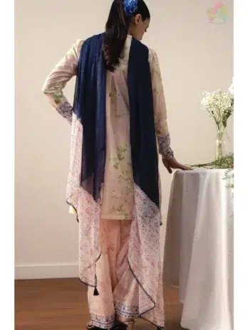 Back image: Coco by Zara Shаhjahan HARU-1A lawn suit back view showing printed lawn and dupatta drape