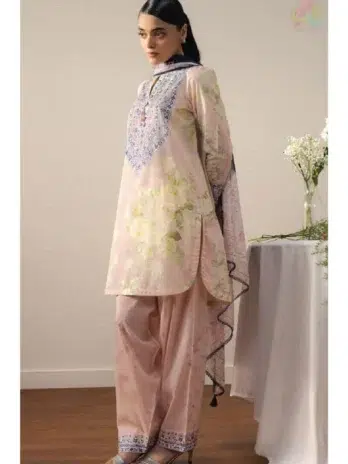 Full image: Full flat-lay of Coco HARU-1A — lawn shirt, cambric trouser and chiffon dupatta set