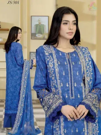 Back Image: Johra JS-504 lawn suit back view with matching design flow
