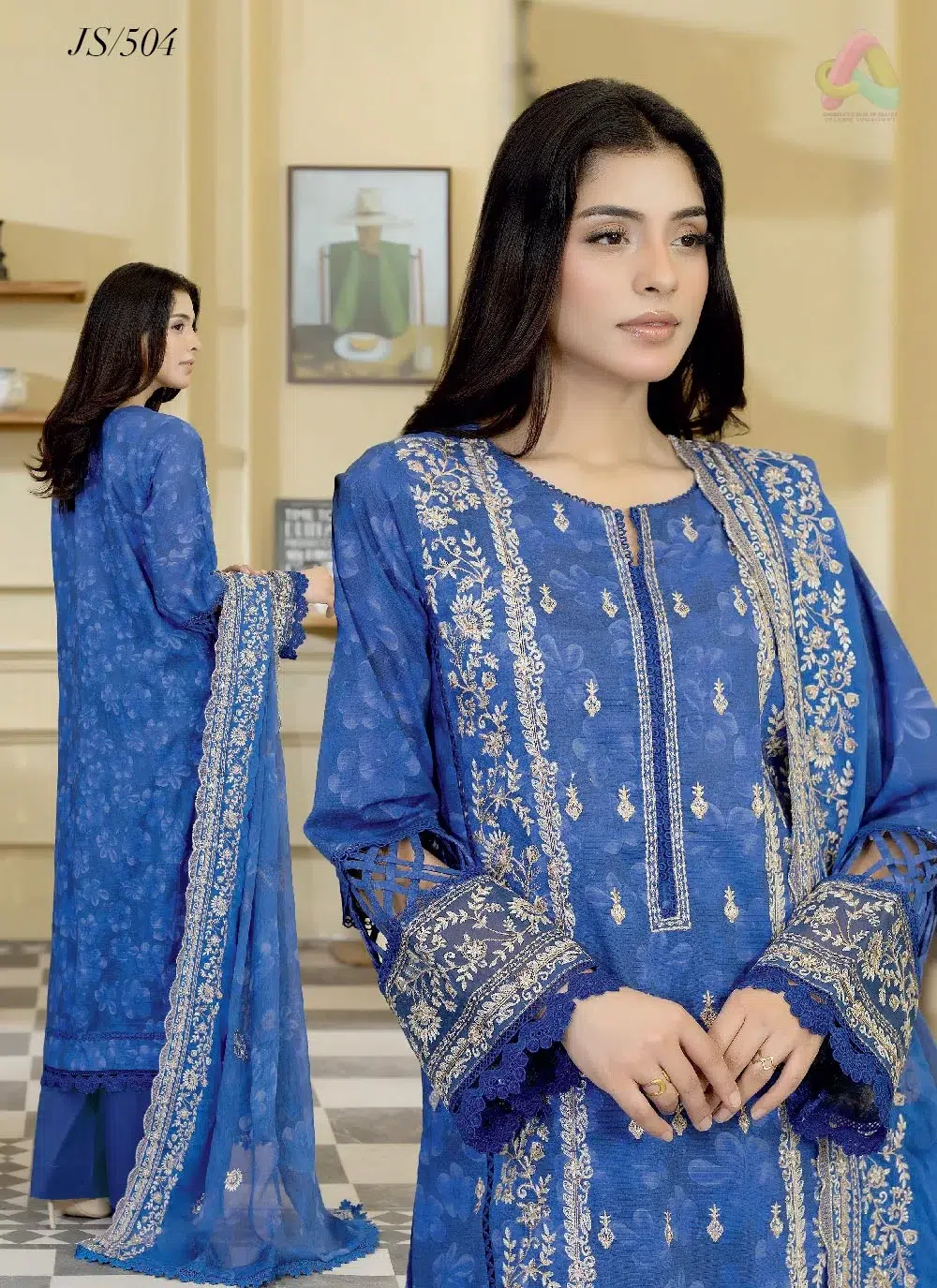 Lala Zar by Johra JS-504 2 Back Image: Johra JS-504 lawn suit back view with matching design flow