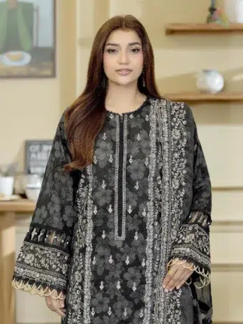 Close-up View: Detailed embroidery on Lala Zar by Johra JS-507 lawn shirt and chiffon dupatta.