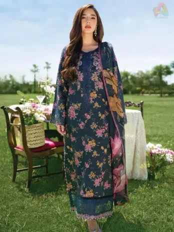 Skydust Izel Apparel embroidered front lawn suit with organza neckline patch — Sunset Muse 2026