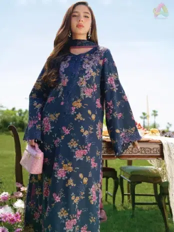 Close-up of embroidered organza patch neckline on Skydust lawn suit by Izel Apparel