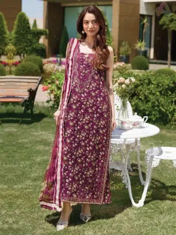 Front Image: Sunset Muse By Izel Solia embroidered printed lawn front