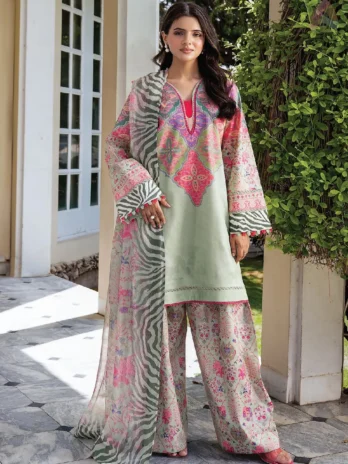 Home 2 Model wearing C-Print by Charizma CP6-20 printed lawn shirt featuring vibrant summer prints from the latest Charizma lawn 2026 collection.