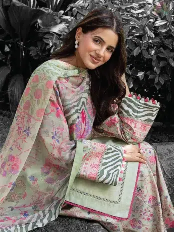 Model wearing complete C-Print by Charizma CP6-20 outfit with printed chiffon dupatta and cotton trouser from Charizma new Collection.